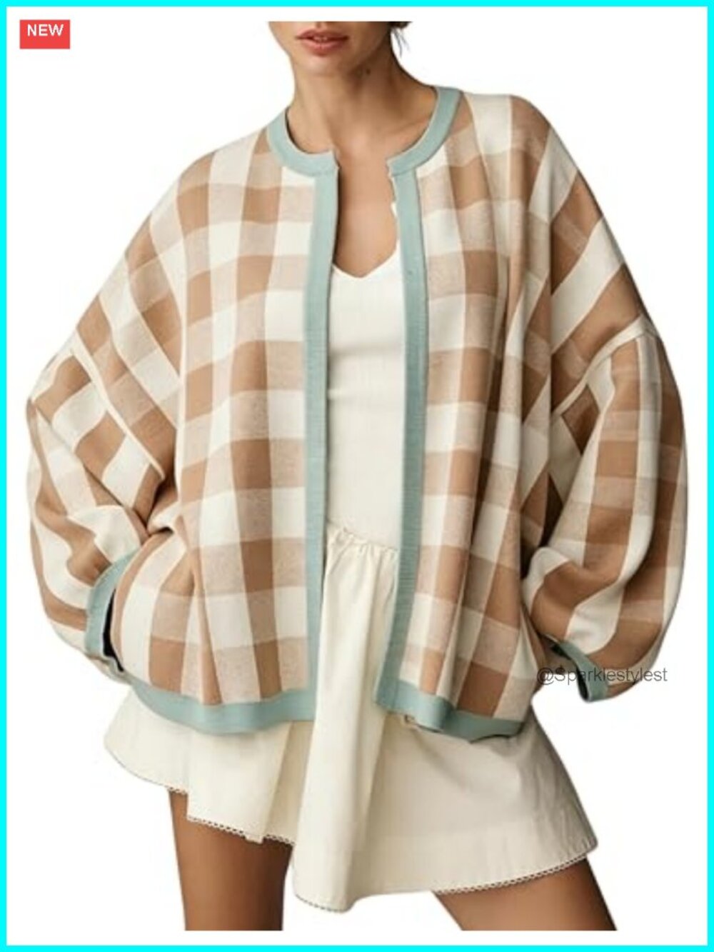 Womens Gingham Knit Cardigan Long Balloon Sleeve Open Front Sweater